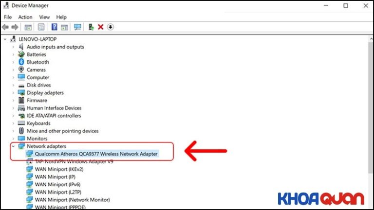 Tại mục Network adapters chọn driver wifi