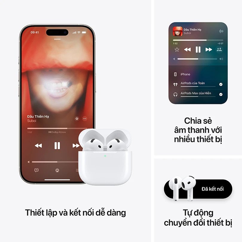 Tai nghe AirPods 4 chống ồn chủ động và hộp sạc màu trắng, đặt trên mặt phẳng
