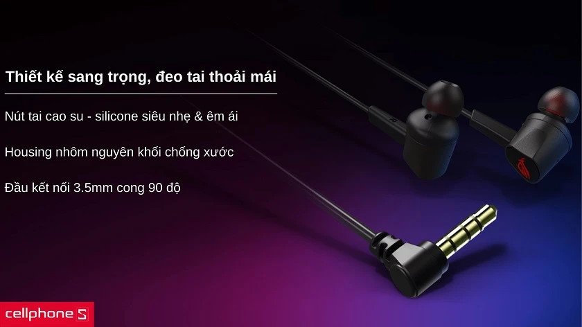 Tai nghe ASUS ROG Cetra II Core màu đen với thiết kế in-ear gọn nhẹ, nổi bật logo ROG