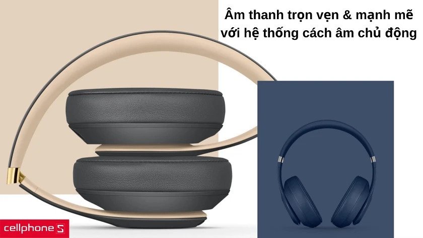 Tai nghe Beats Studio 3 màu trắng sang trọng đang được đeo, minh họa tính năng chống ồn chủ động Pure ANC và chất âm mạnh mẽ