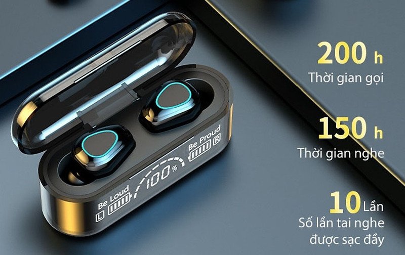Tai nghe Bluetooth với hộp sạc hiển thị thời lượng pin và khả năng sạc nhanh