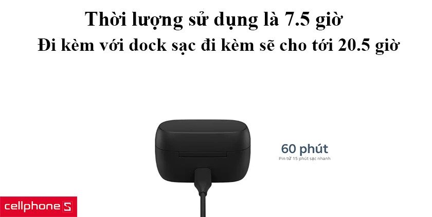 Tai nghe Jabra Elite 75t đang sạc trong dock, hiển thị đèn báo pin