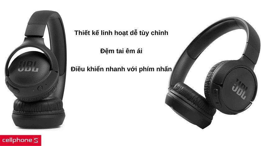 Tai nghe JBL Tune 510BT màu đen gập gọn, thể hiện tính di động cao