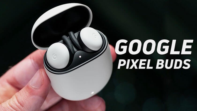 Tai nghe phiên dịch Google Pixel Buds màu trắng trên bàn làm việc, biểu tượng công nghệ dịch thuật hiện đại