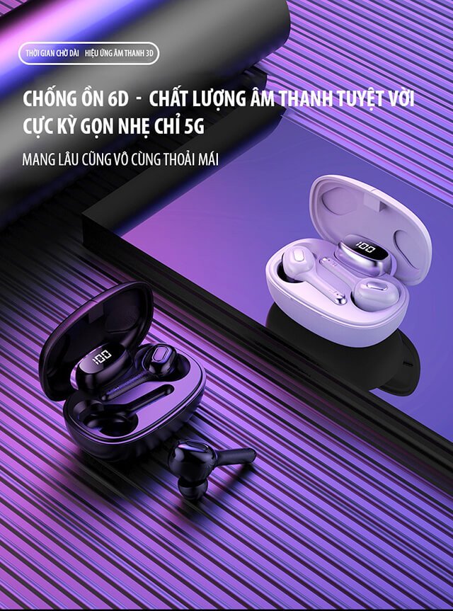 Tai nghe phiên dịch T9S màu trắng đang được sạc trong hộp đựng, minh họa tính năng Bluetooth 5.0 và khả năng dịch 2 chiều lên đến 33 ngôn ngữ.