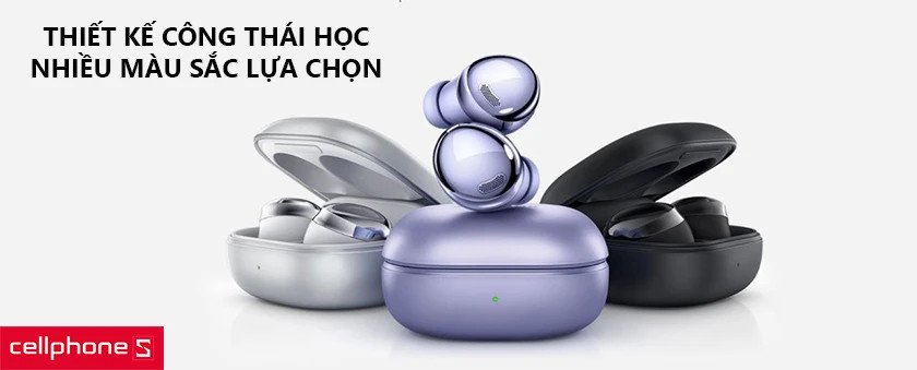 Tai nghe Samsung Buds Pro màu bạc nằm trong hộp sạc trên bề mặt trắng, thể hiện thiết kế bầu dục hiện đại