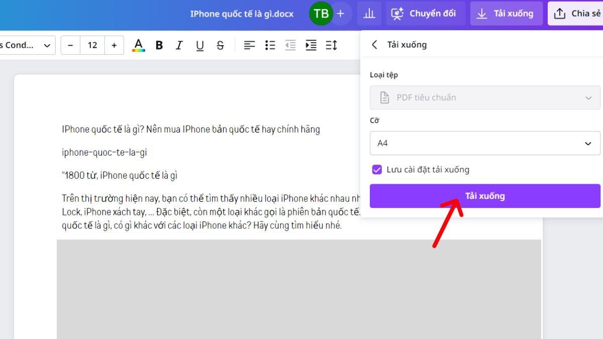 Tải xuống tài liệu đã chuyển đổi thành file PDF từ Canva
