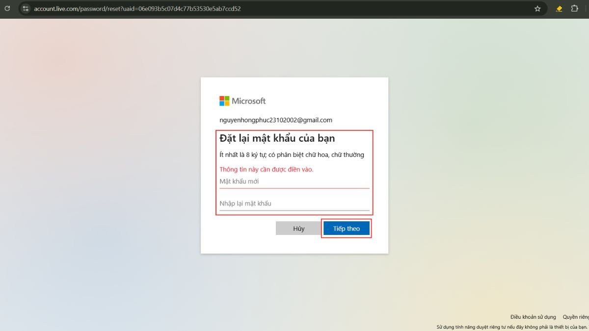 Tạo mật khẩu mới an toàn cho tài khoản Microsoft sau khi quên mật khẩu laptop Win 11
