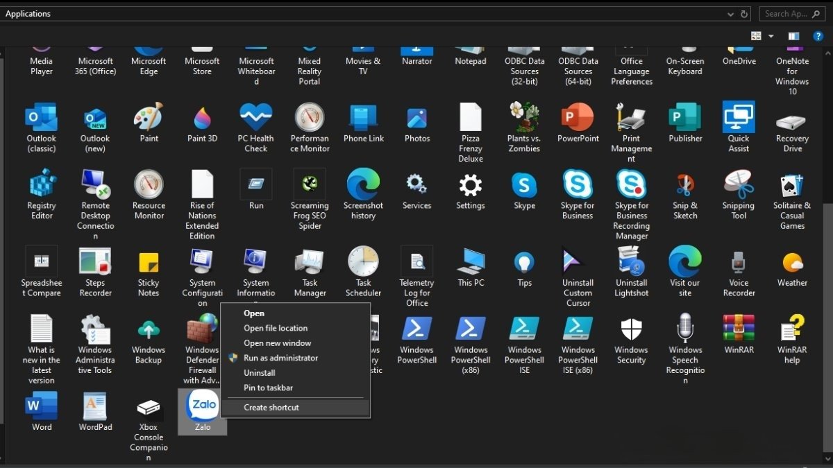 Tạo shortcut cho ứng dụng trực tiếp từ cửa sổ AppsFolder