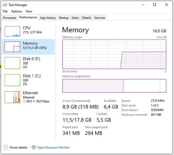 Task Manager hiển thị thông tin sử dụng bộ nhớ RAM của laptop Windows 10