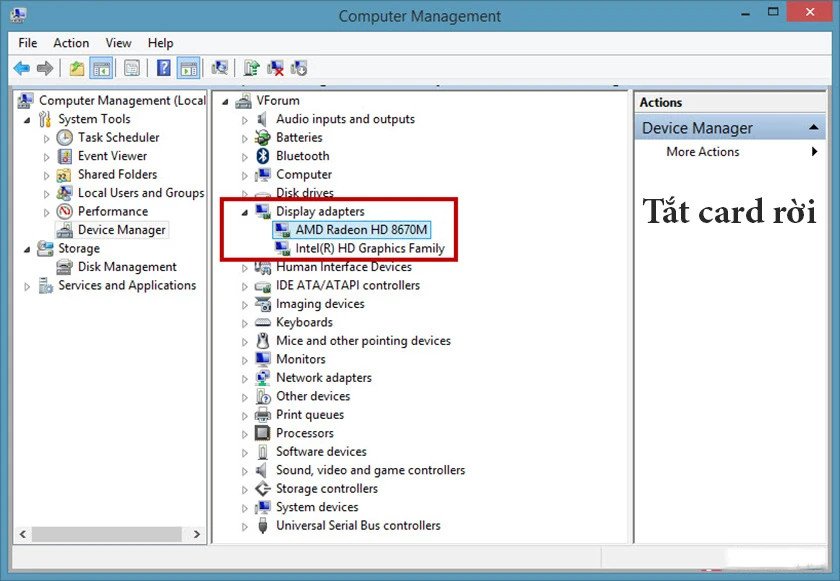 Tắt card đồ họa rời (VGA) trong Device Manager để sửa lỗi card màn hình laptop