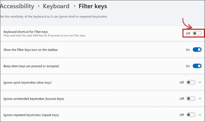 Tắt chế độ Filter Keys nếu đang bật