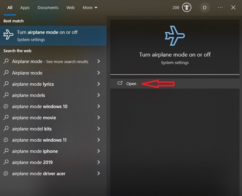 tắt chế độ máy bay laptop qua tìm kiếm