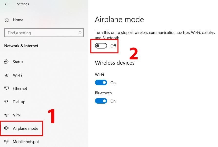 tắt chế độ máy bay laptop trong Network &amp; Internet