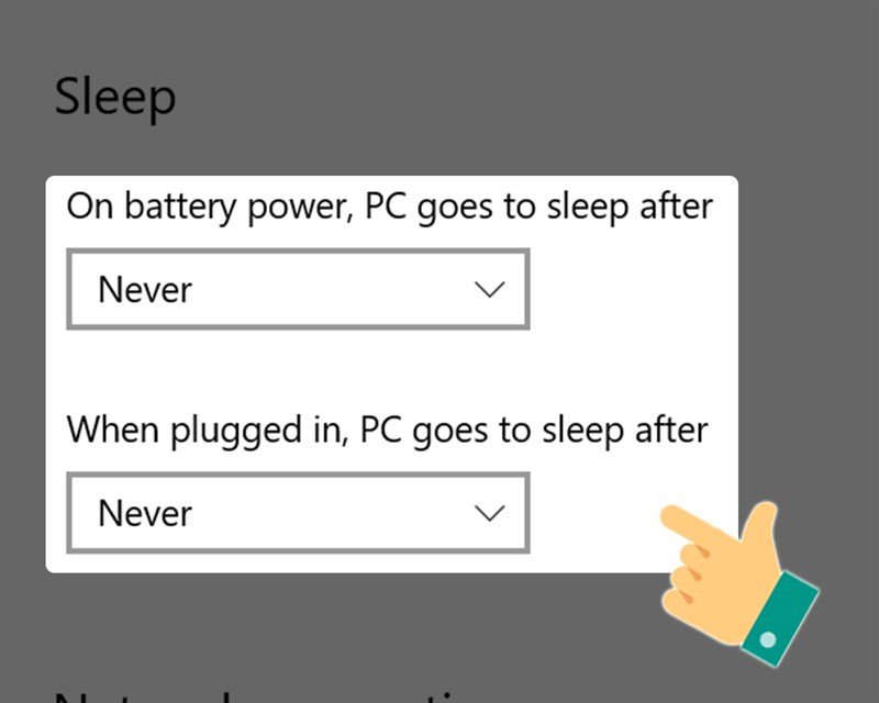Tắt chế độ Sleep trên máy tính bằng cách chọn Never