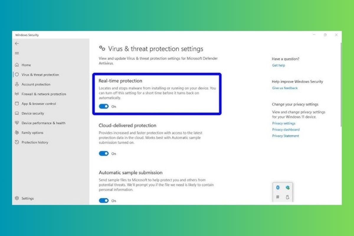 Tắt công tắc bên cạnh mục Real-time protection trong Windows Security
