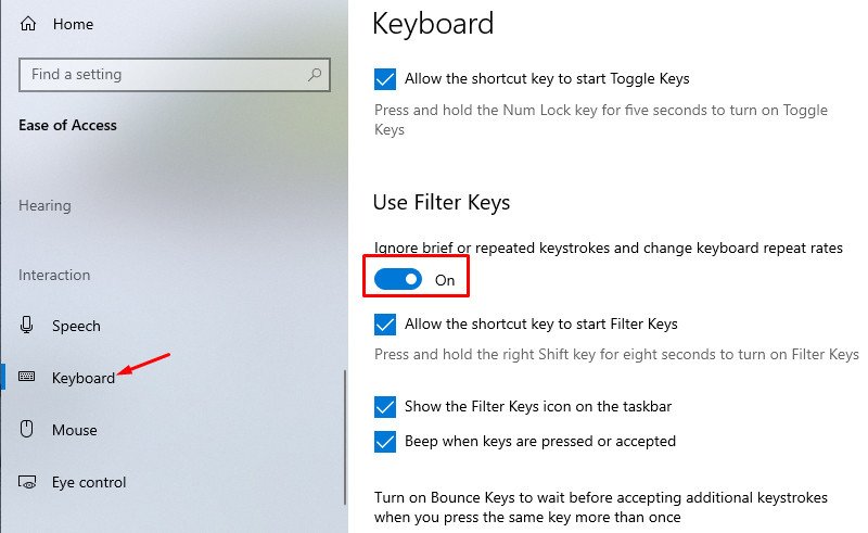 Tắt Filter Keys và các tùy chọn trợ năng bàn phím