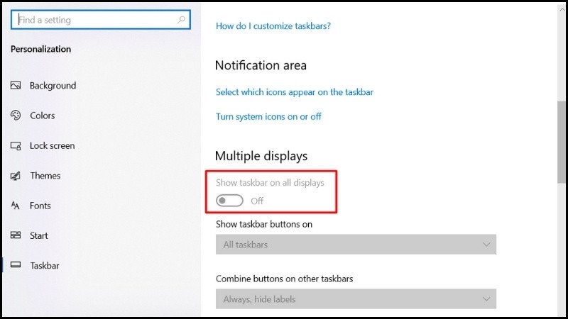 Tắt hiển thị Taskbar trên tất cả các màn hình phụ