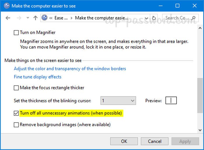 Tắt hiệu ứng hoạt ảnh trong Ease of Access Center để tăng tốc laptop