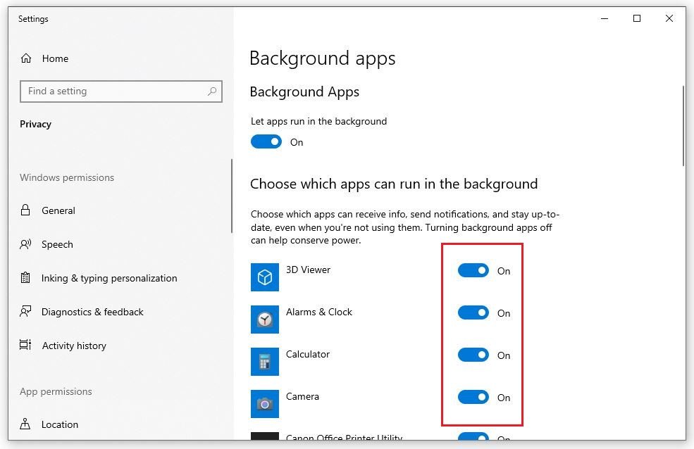 Tắt quyền chạy ngầm của từng ứng dụng trong Windows Settings