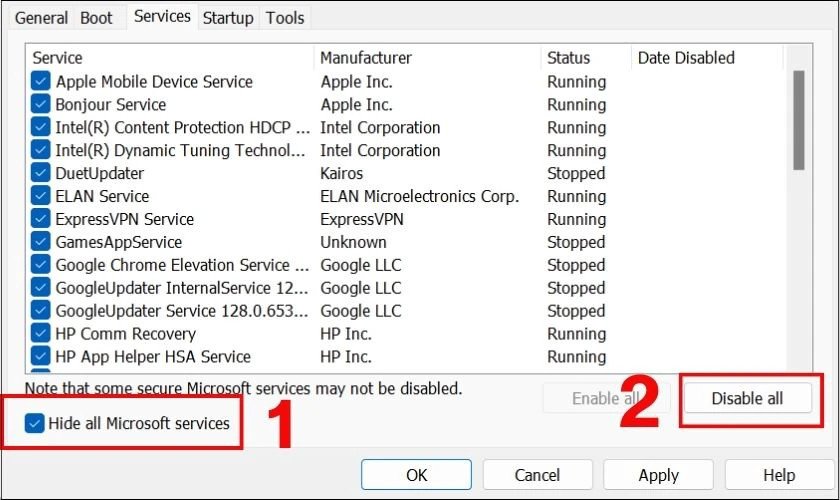 Tắt tất cả các dịch vụ không phải của Microsoft