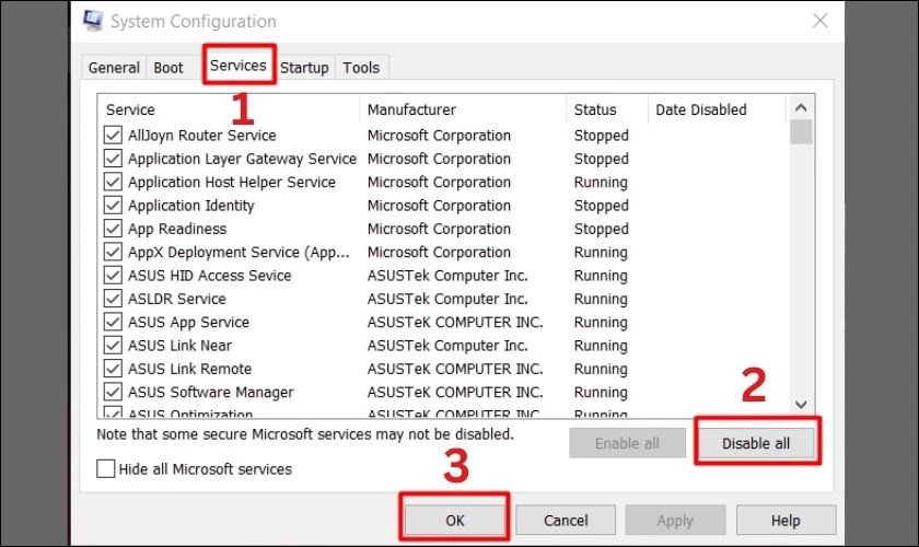 Tắt tất cả dịch vụ không cần thiết trong System Configuration