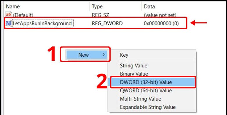 Tắt **ứng dụng chạy nền** laptop thông qua tùy chỉnh Registry Editor