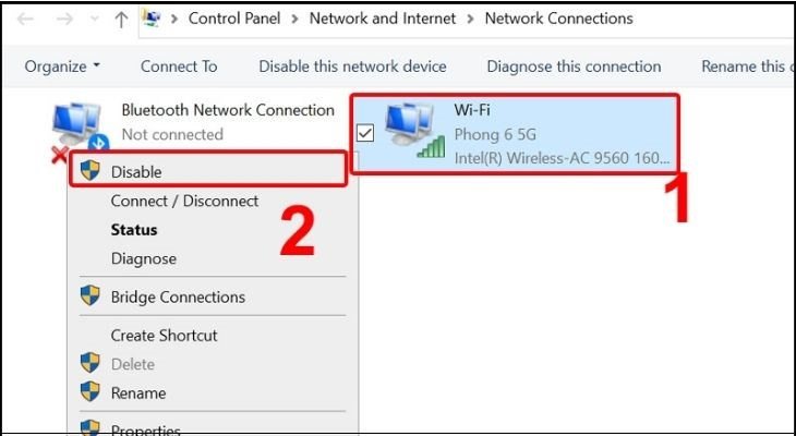 Tắt và bật lại card mạng Wifi