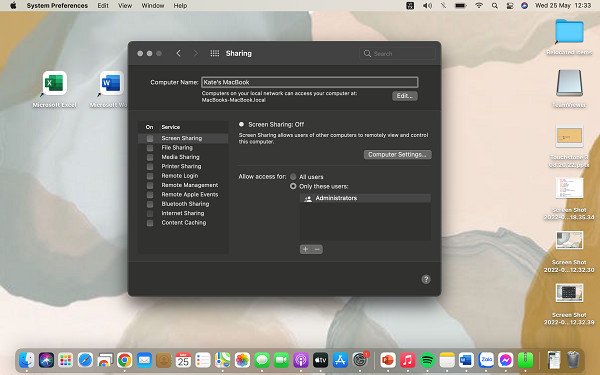 Tên máy tính MacBook hiển thị trong cài đặt Sharing