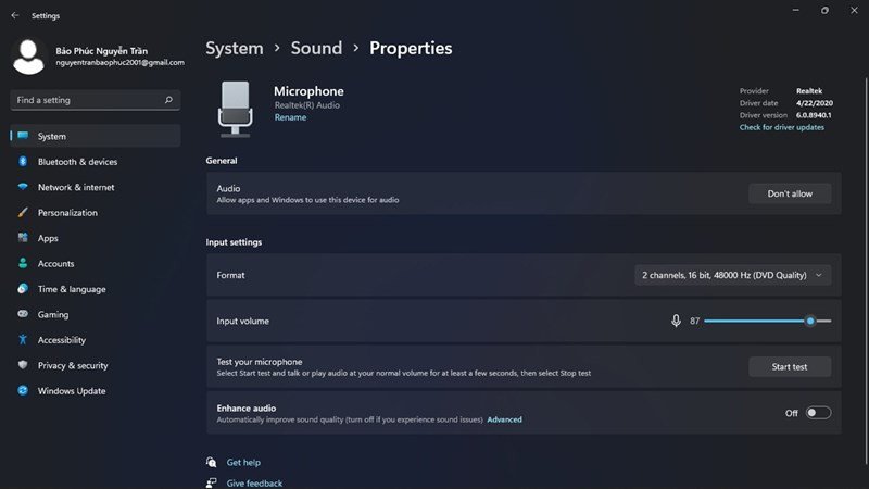 test micro trên win 11