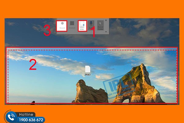 Thanh công cụ ghi màn hình của PowerPoint, hiển thị nút Select Area và Record để chọn vùng và bắt đầu quay