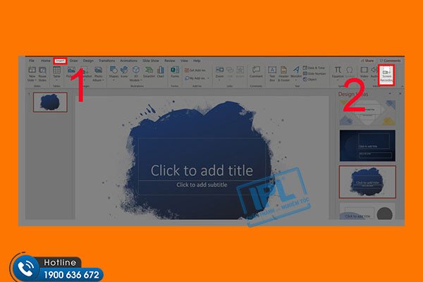 Thanh công cụ Insert trong PowerPoint với tùy chọn Screen Recording để quay video màn hình