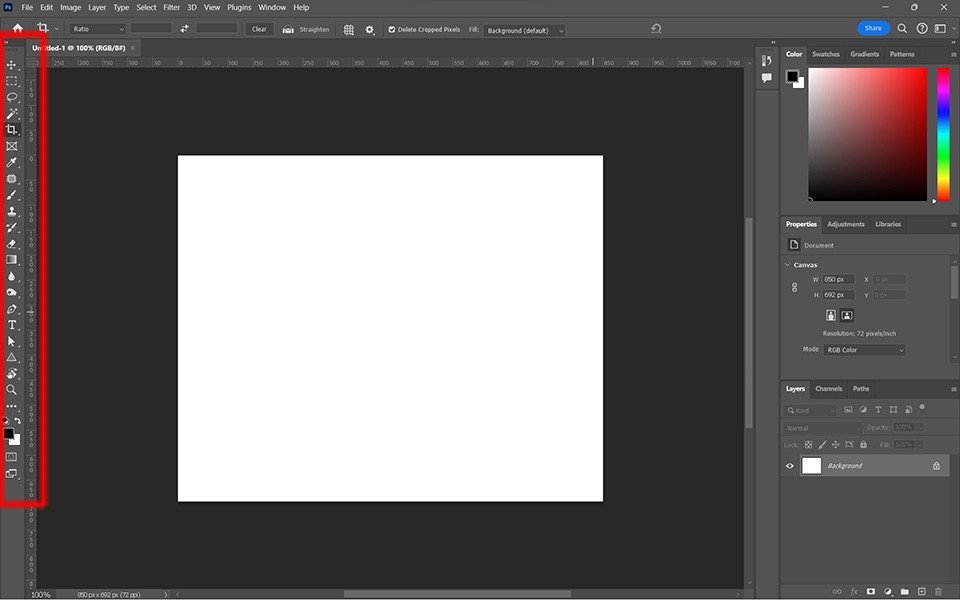 Thanh công cụ (Tools panel) ở bên trái giao diện phần mềm Photoshop