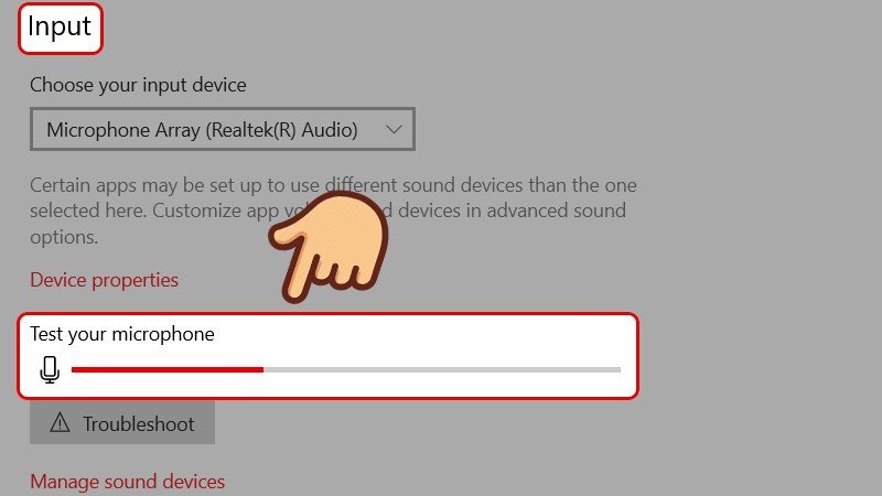 Thanh hiển thị mức âm lượng đầu vào trong cài đặt âm thanh Windows 10 khi test micro