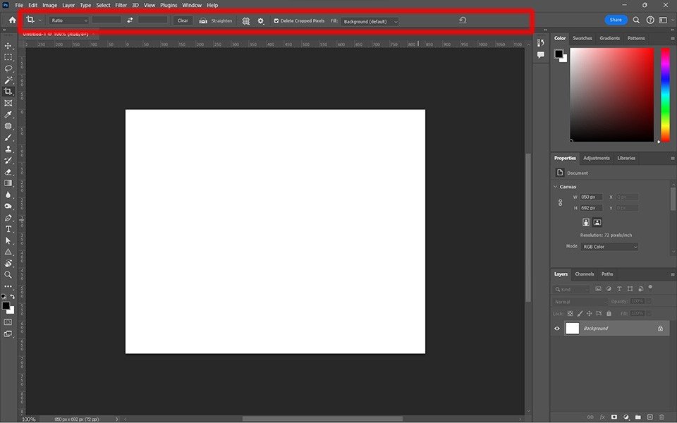 Thanh Options (tùy chọn công cụ) hiển thị trên cùng của giao diện Photoshop