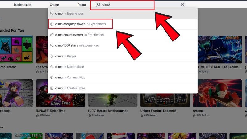 Thanh tìm kiếm game trên trang web Roblox, minh họa cách tìm tựa game yêu thích trên máy tính laptop