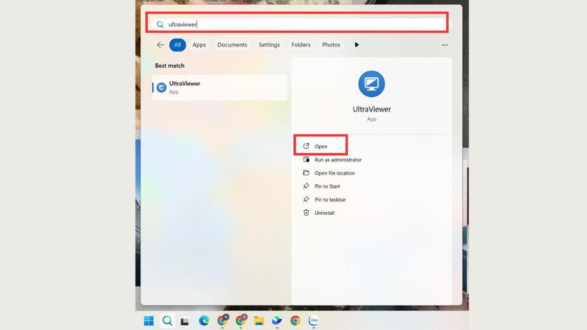 Thanh tìm kiếm (Search) của Windows, sẵn sàng để nhập từ khóa UltraViewer