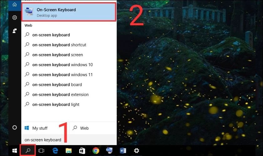 Thanh tìm kiếm trên Windows để mở 'On-Screen Keyboard' và sử dụng bàn phím ảo tiếng Hàn.