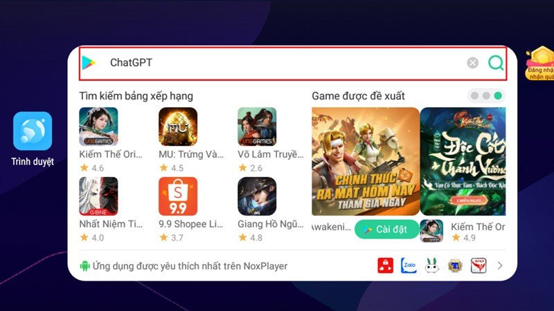 Thanh tìm kiếm trong NoxPlayer với từ khóa 'ChatGPT' để tìm và cài đặt ứng dụng AI.