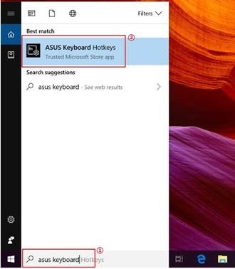 Thanh tìm kiếm Windows hiển thị kết quả "Asus Keyboard Hotkeys" để truy cập ứng dụng.