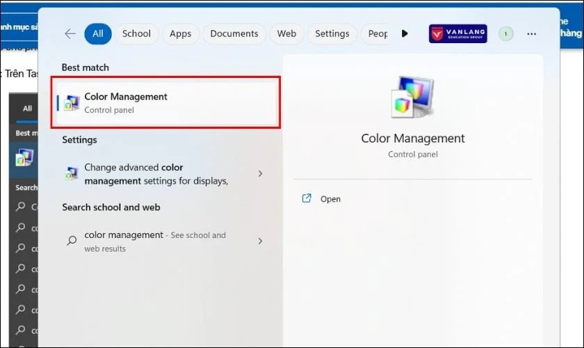 Thanh tìm kiếm Windows với từ khóa Color Management
