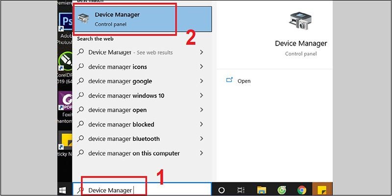 Thanh tìm kiếm Windows với từ khóa "Device Manager", bước khởi đầu để vô hiệu hóa hoặc gỡ cài đặt driver bàn phím.