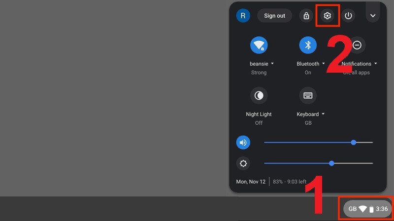 Thanh trạng thái Chromebook với biểu tượng bánh răng để truy cập cài đặt hiển thị.