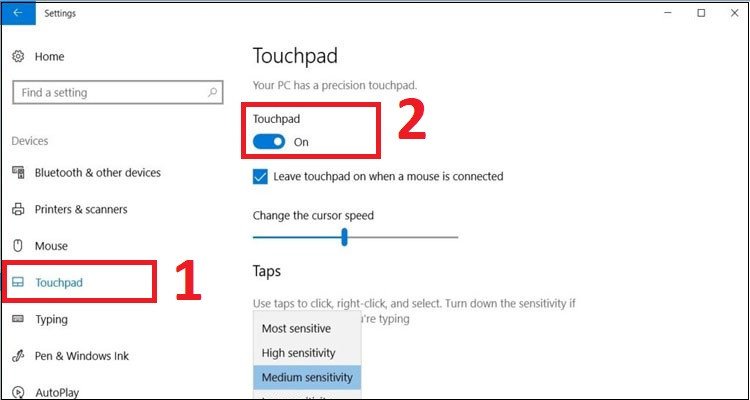 Thanh trượt bật/tắt Touchpad trong cài đặt thiết bị trên Windows, giúp kích hoạt chuột cảm ứng.