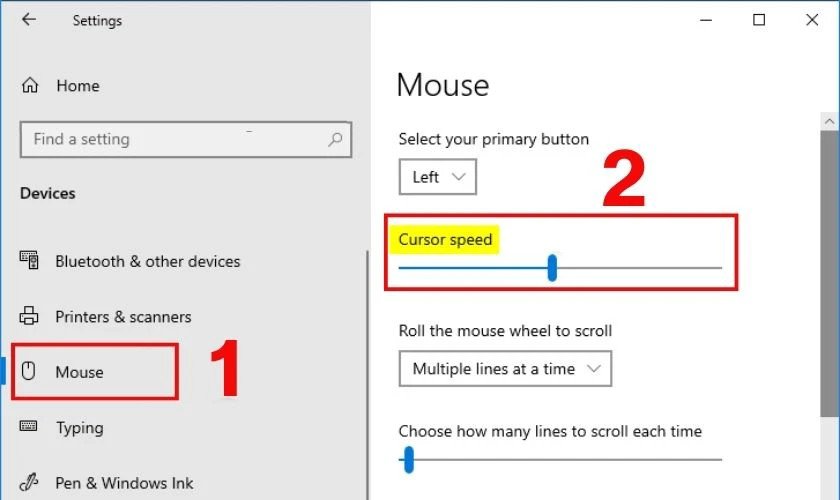 Thanh trượt Cursor speed cho phép người dùng điều chỉnh tốc độ di chuyển của con trỏ chuột