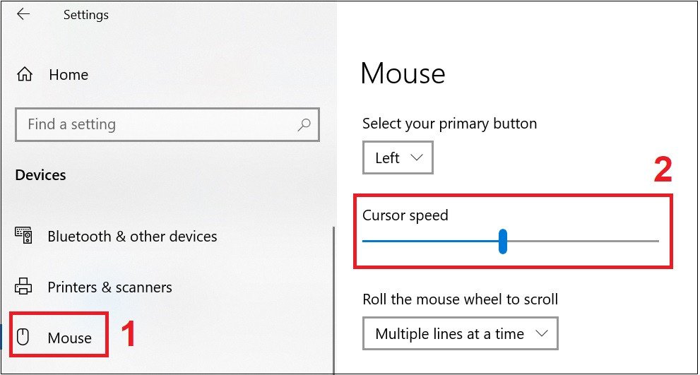 Thanh trượt Cursor speed trong cài đặt chuột để tăng giảm tốc độ trên laptop.