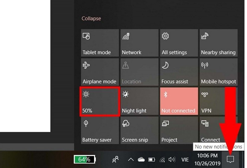 Thanh trượt điều chỉnh độ sáng màn hình trong Action Center của Windows