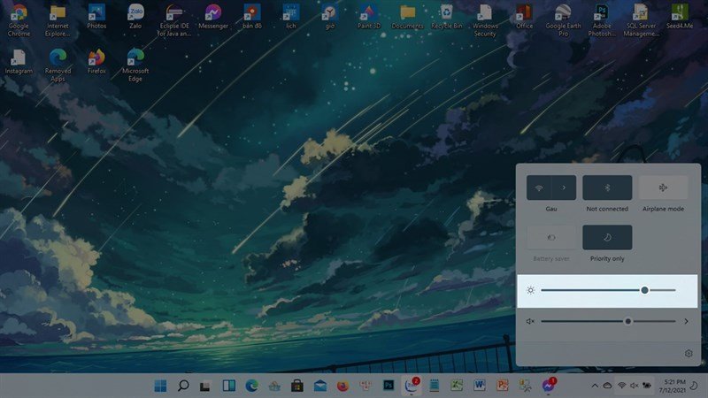 Thanh trượt điều chỉnh độ sáng màn hình Windows 11