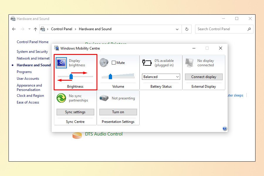Thanh trượt Display Brightness trong Windows Mobility Center trên Windows 10
