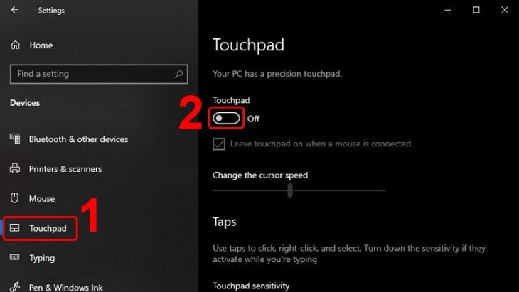 Thanh trượt tắt bật Touchpad trong cài đặt Windows 10/11